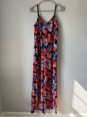 Dee Elly Floral Pleated Maxi Jumpsuit  Black Red & Blue Floral Print Size S M